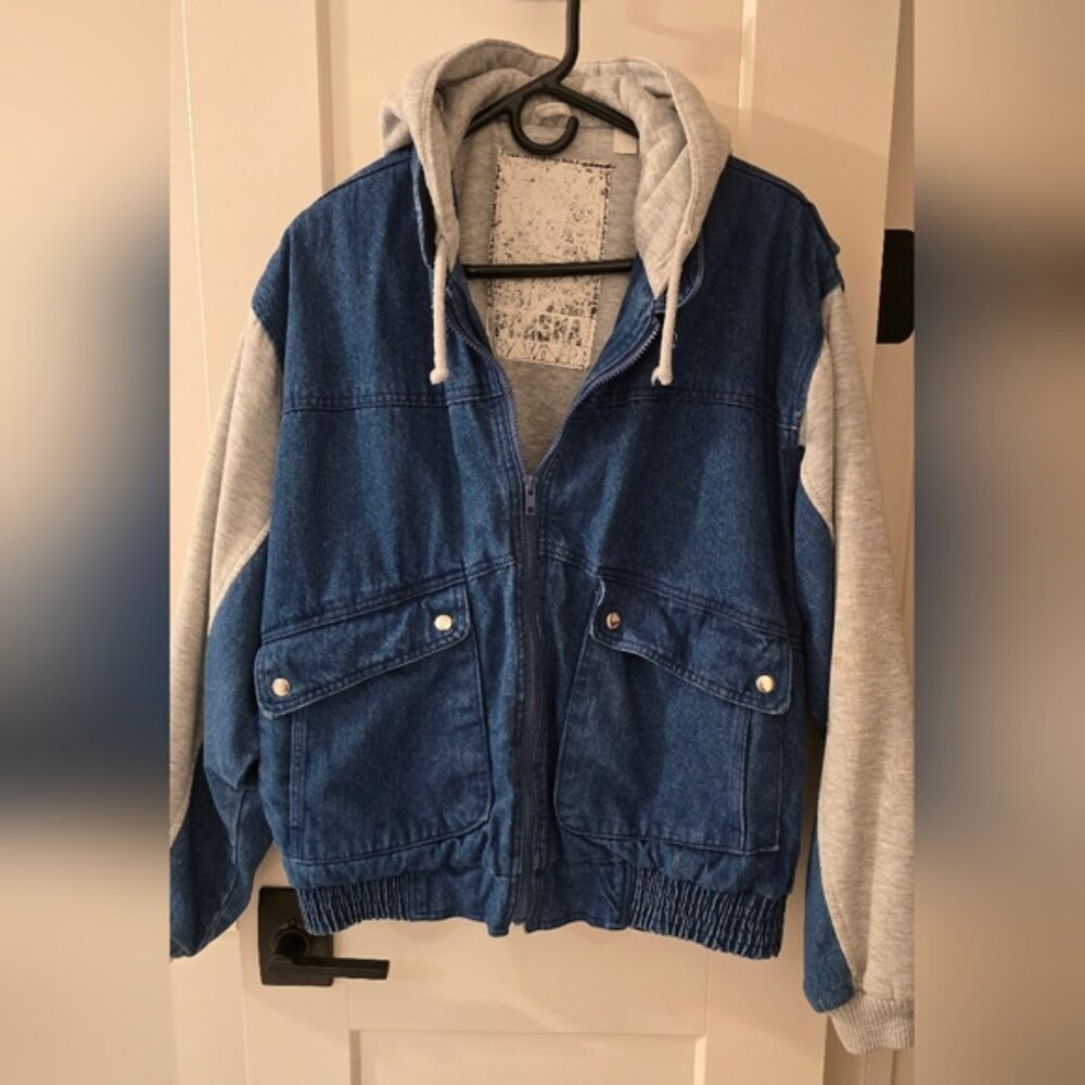 Men's Denim and Gray Sweatshirt Hoodie Jacket XL